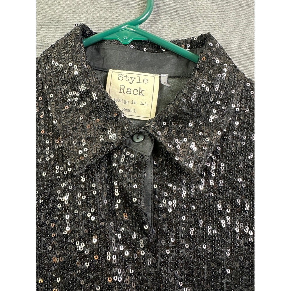 Sparkle Shimmer Sequin Shirt Dress Jacket Black Long Sleeve Button Front Women S